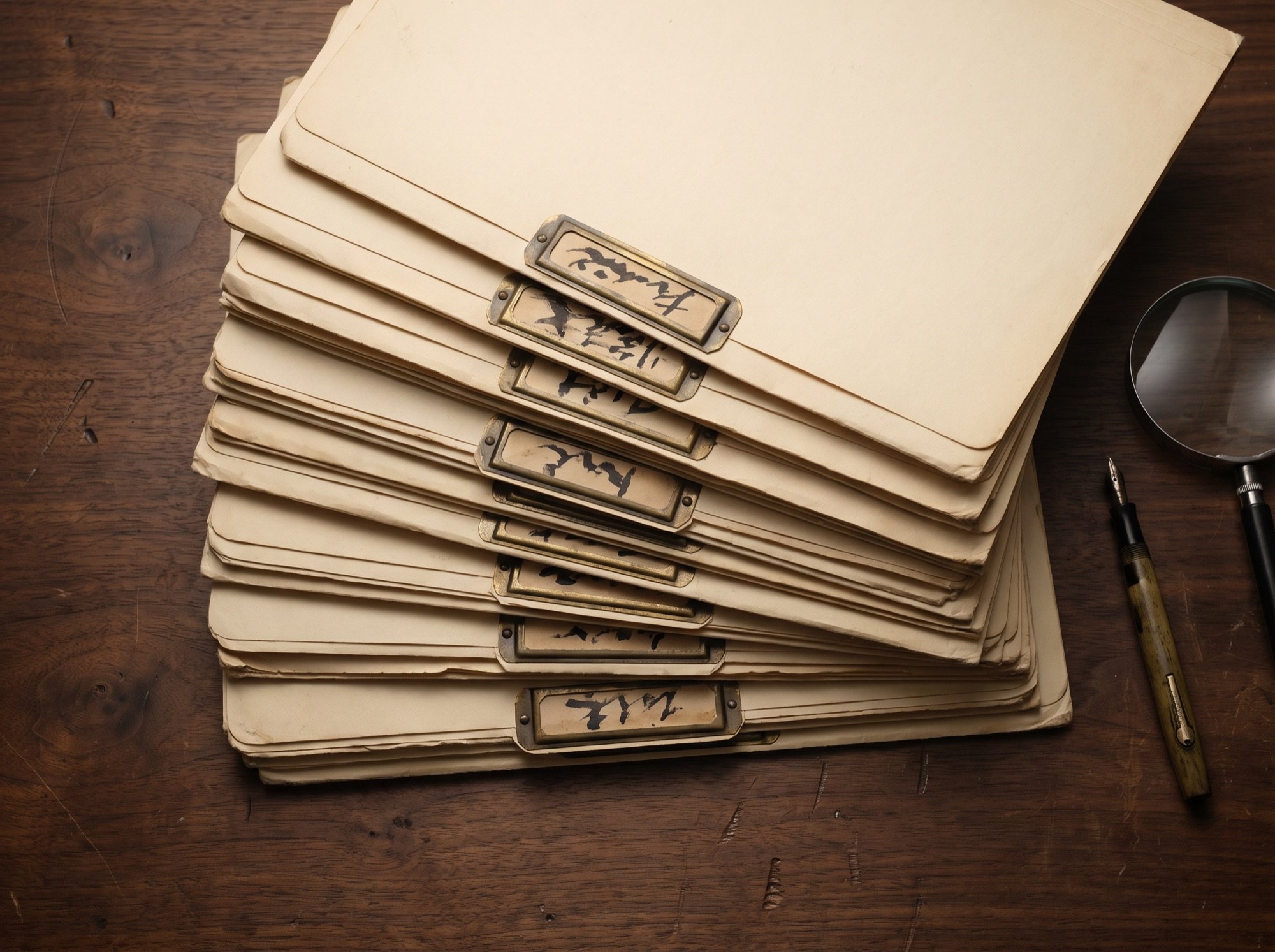 An accounting firm desk scattered with Arabic regulatory notices, official stamps, and unresolved paperwork