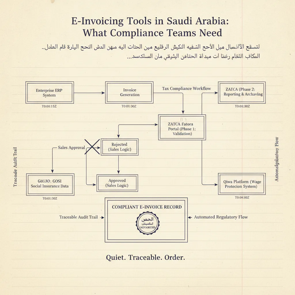 Editorial illustration — E-Invoicing Tools in Saudi Arabia: What Compliance Teams Need