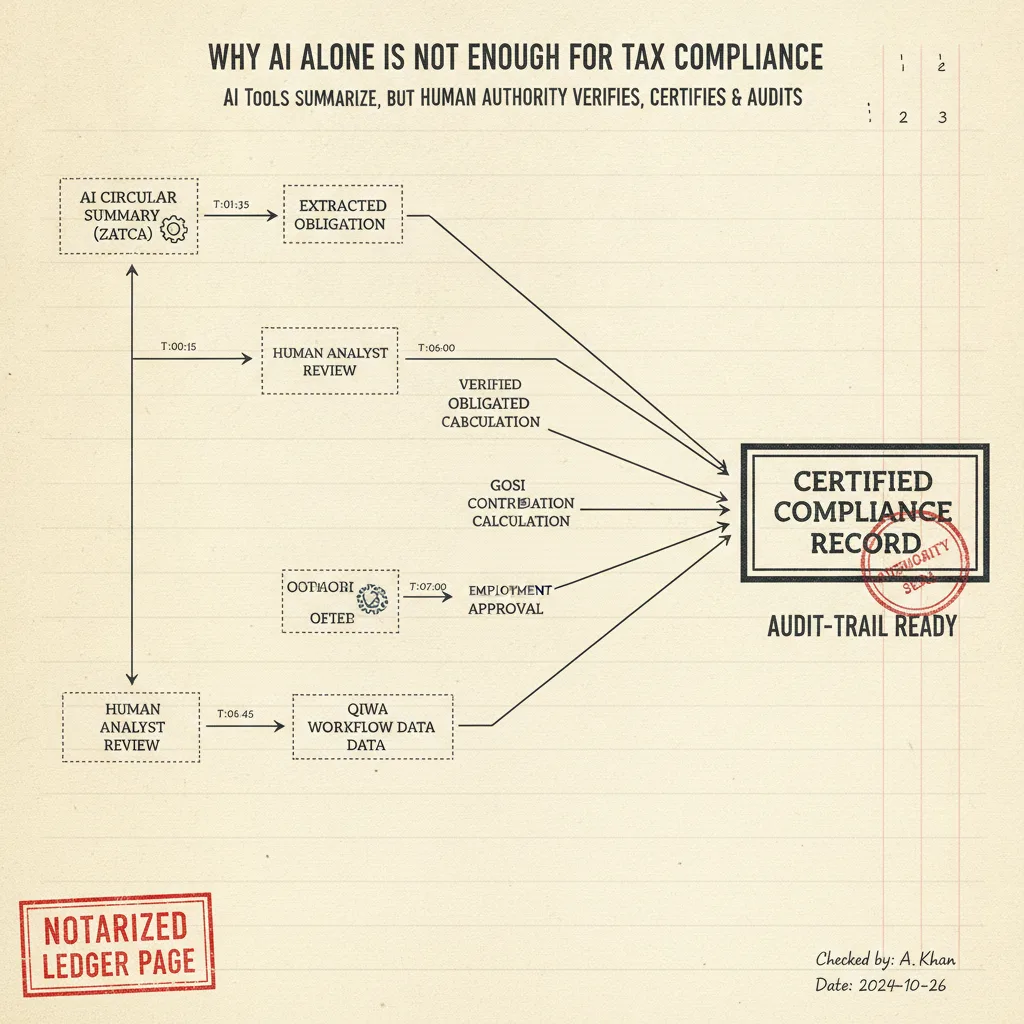 Editorial illustration — Why AI Alone Is Not Enough for Tax Compliance