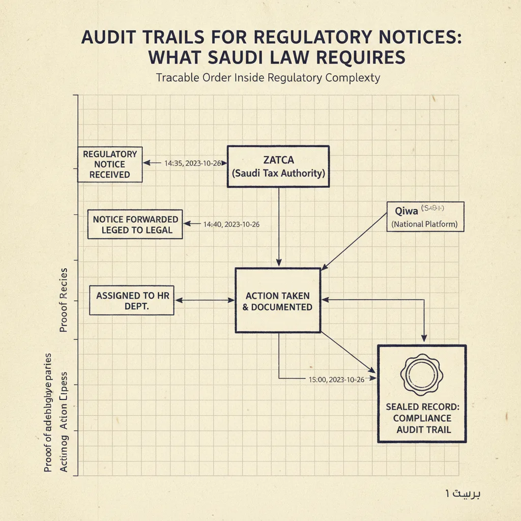 Editorial illustration — Audit Trails for Regulatory Notices: What Saudi Law Requires
