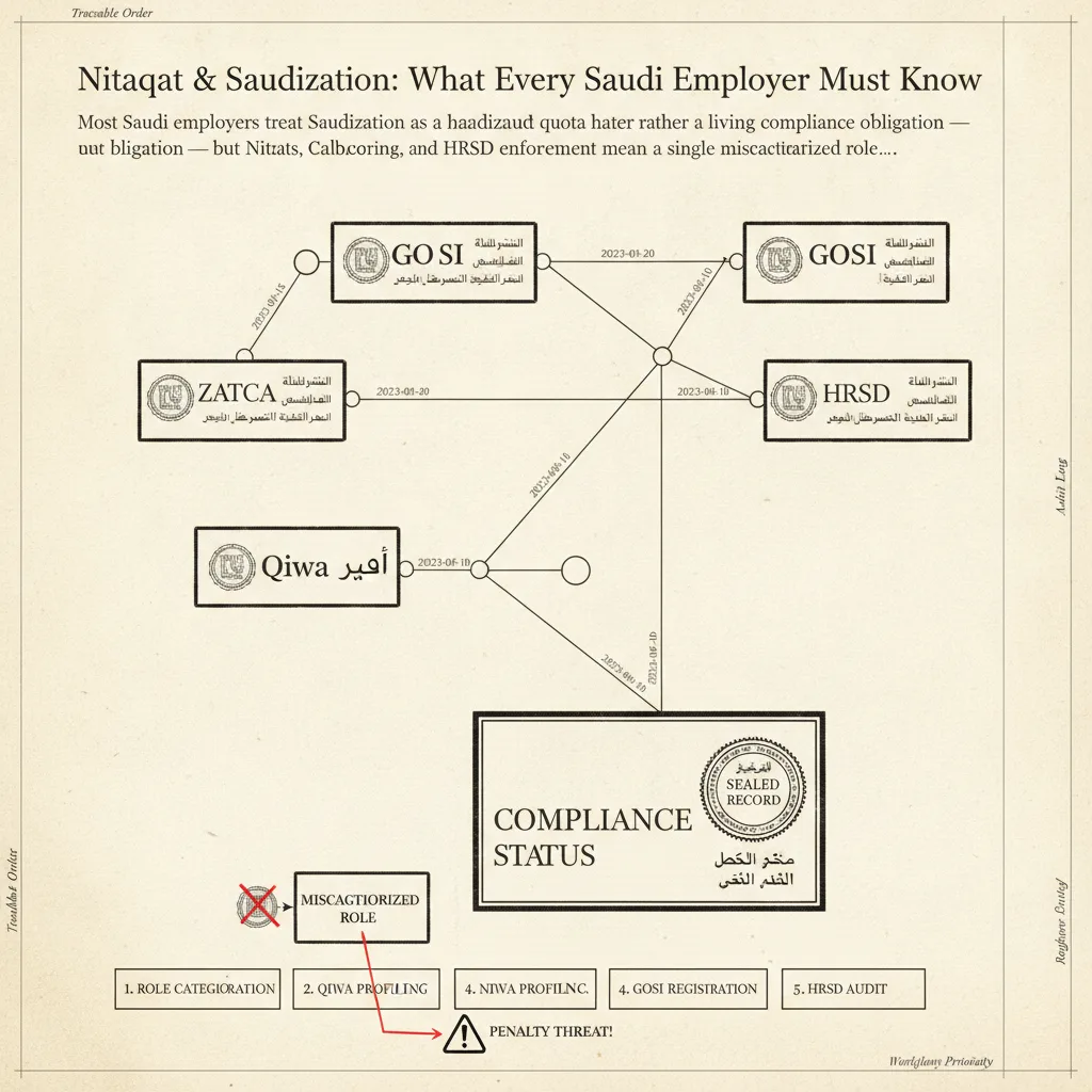 Editorial illustration — Nitaqat & Saudization: What Every Saudi Employer Must Know