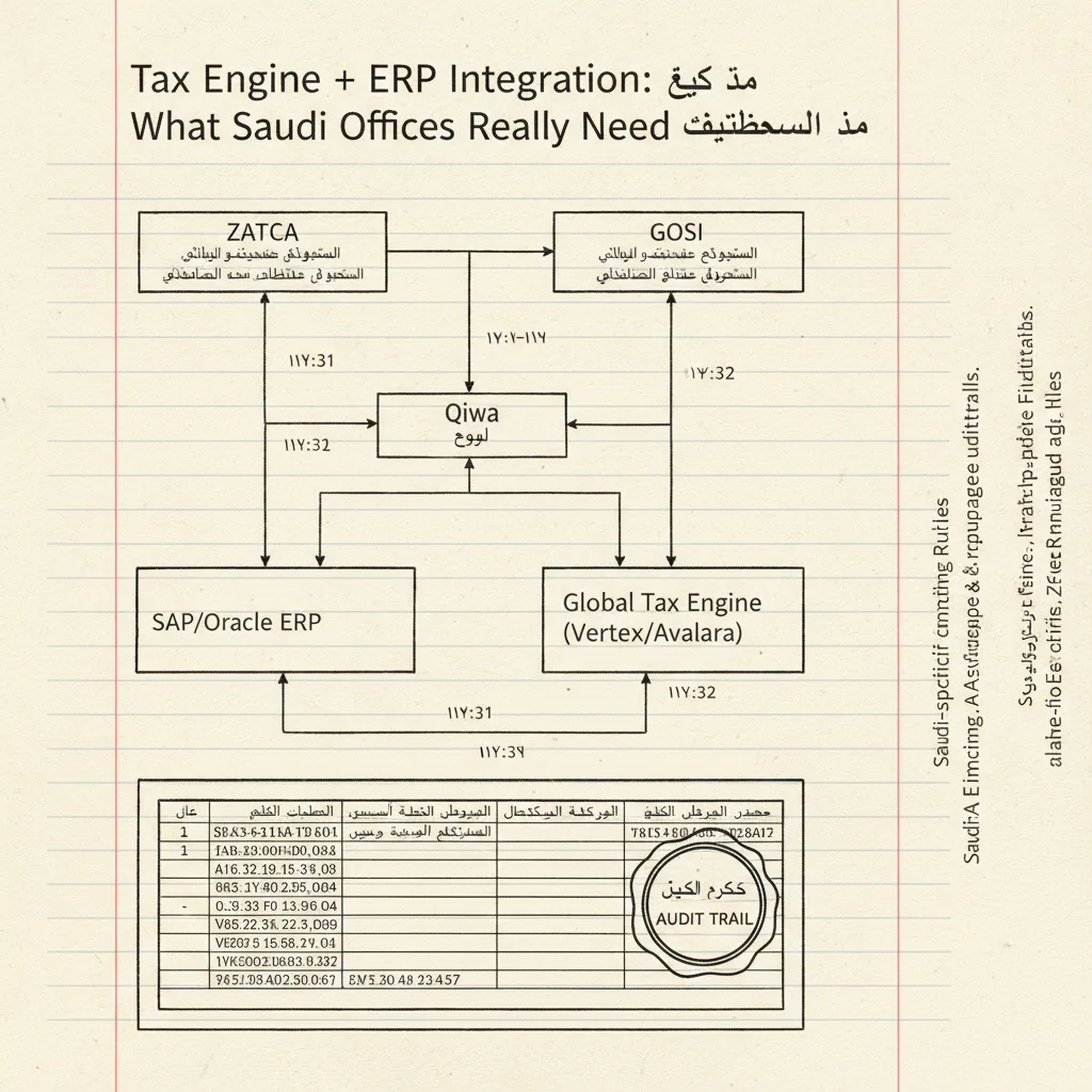Editorial illustration — Tax Engine + ERP Integration: What Saudi Offices Really Need